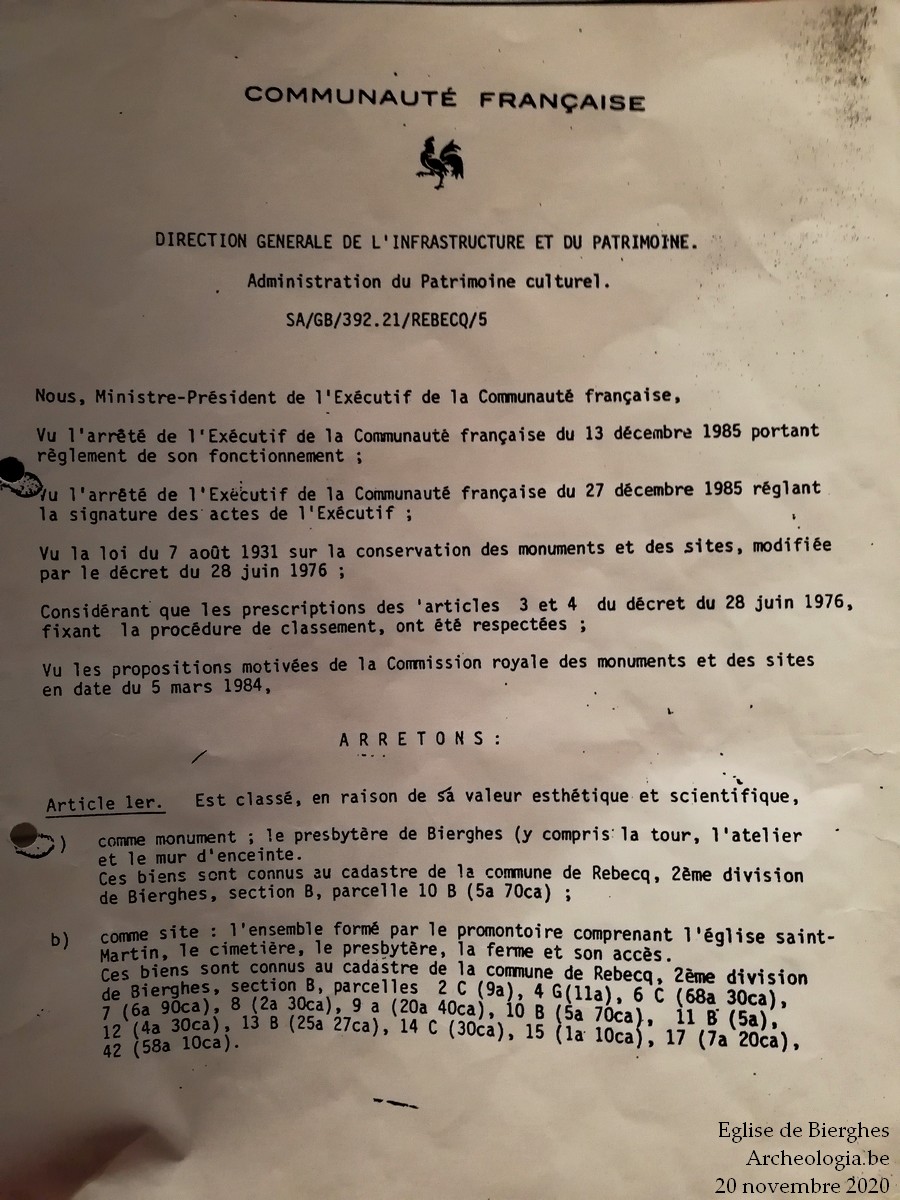 Classement de l'église Saints Pierre et Martin de Bierghes - Arrêté ministériel du 16 octobre 1987