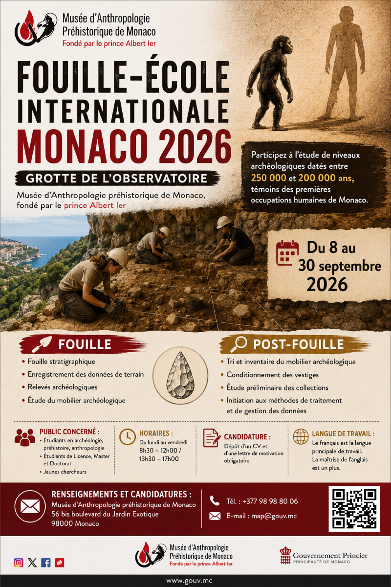 Stages -  Grotte de l'Observatoire - Ecole de fouilles du 8 au 30 septembre 2026 au Mus&eacute;e d'Anthropologie pr&eacute;historique de Monaco
